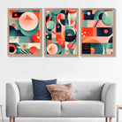 Abstract Cubism Green and Pink Set of 3 Art Prints in Oak Frames | Artze UK
