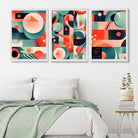 Abstract Cubism Green and Pink Set of 3 Art Prints in White Frames | Artze UK