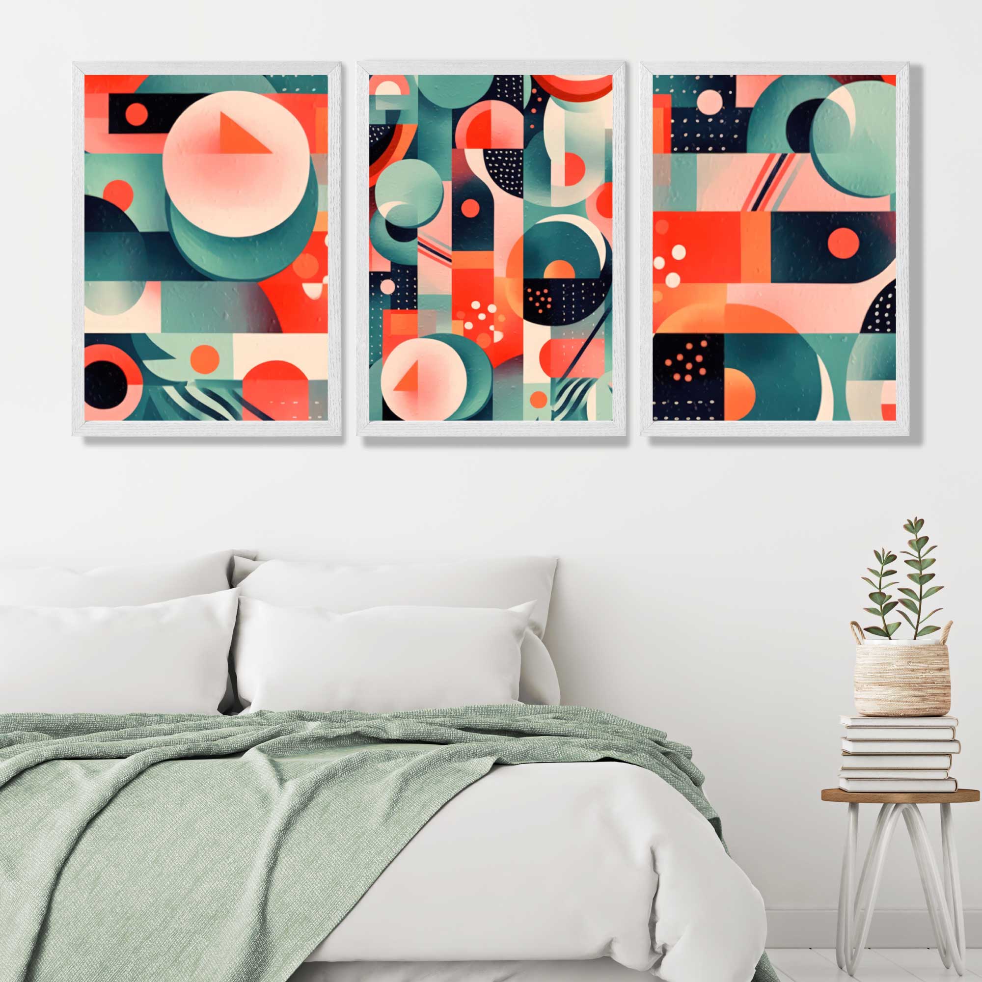 Abstract Cubism Green and Pink Set of 3 Art Prints in White Frames | Artze UK