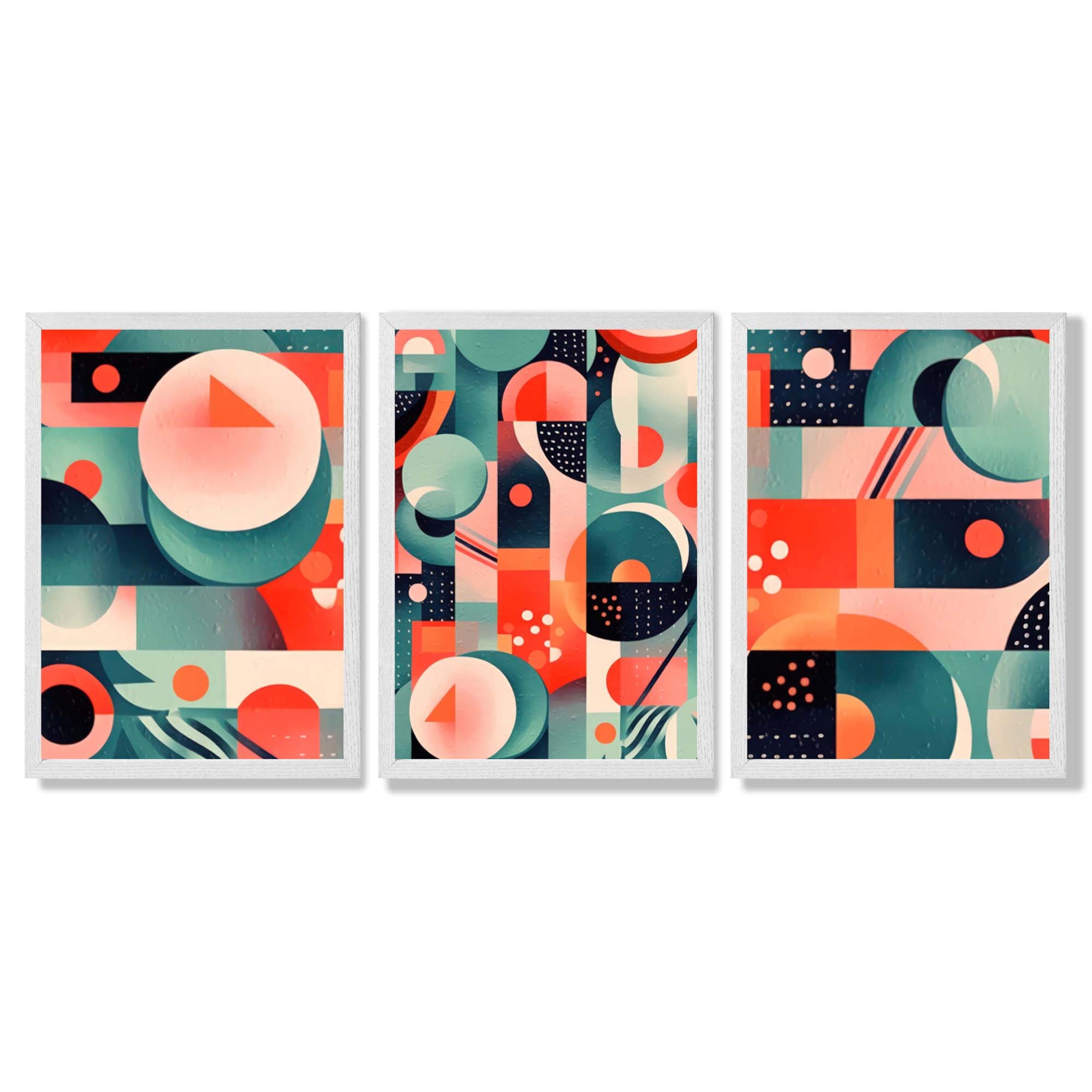 Abstract Cubism Green and Pink Set of 3 Framed Art Prints with White Wooden Frames