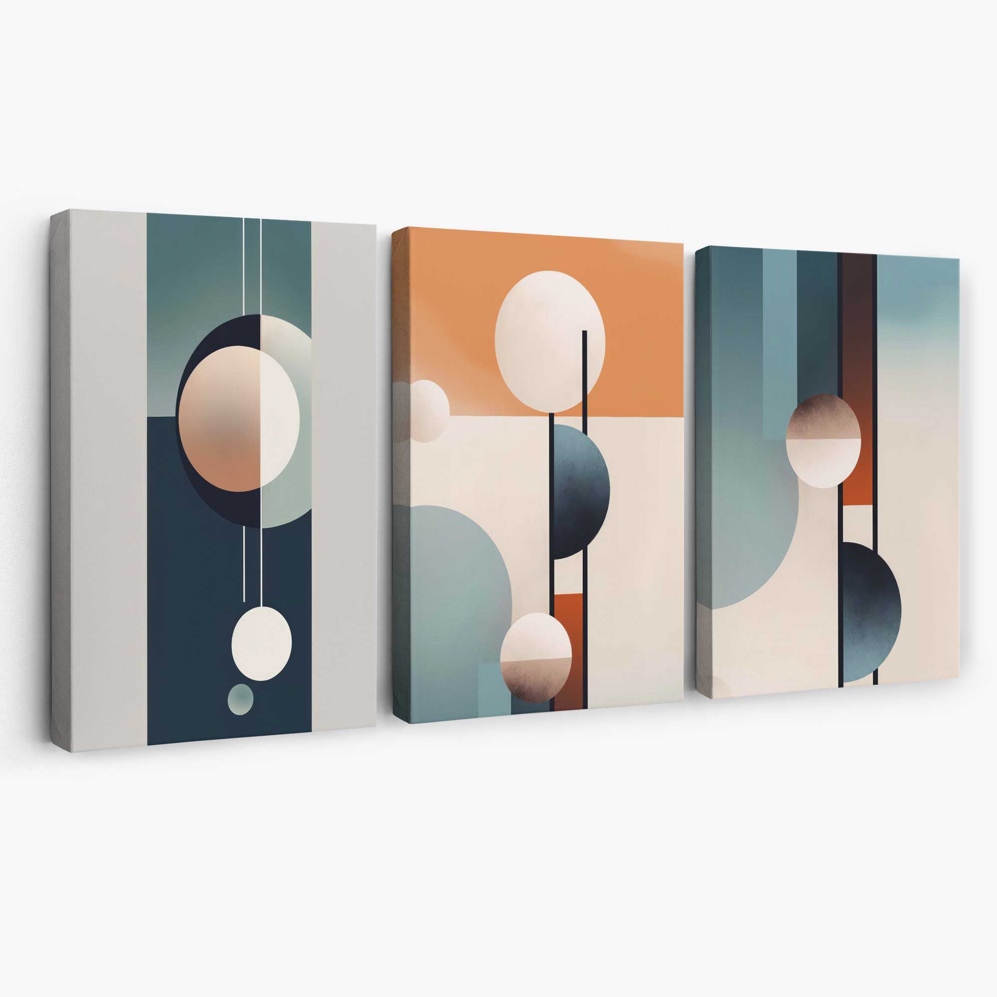 Neutral with Blue and Orange Geometric Set of 3 Canvas Art Prints | Artze Wall Art