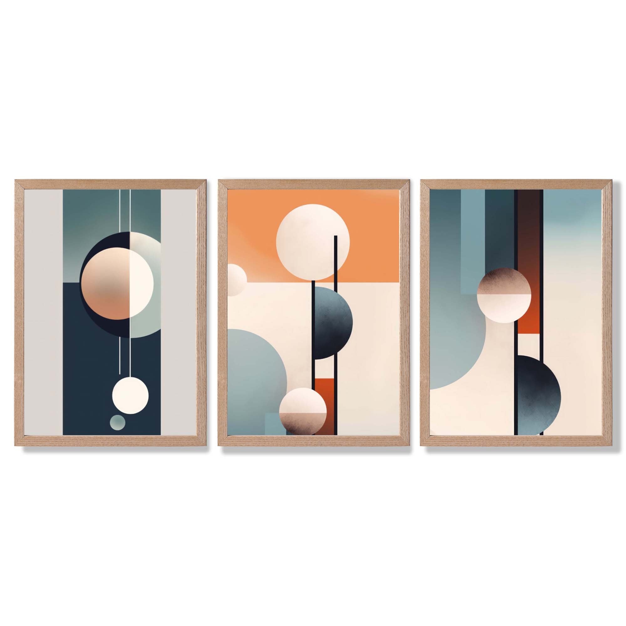 Neutral with Blue and Orange Geometric Set of 3 Framed Art Prints with Light Oak Frames