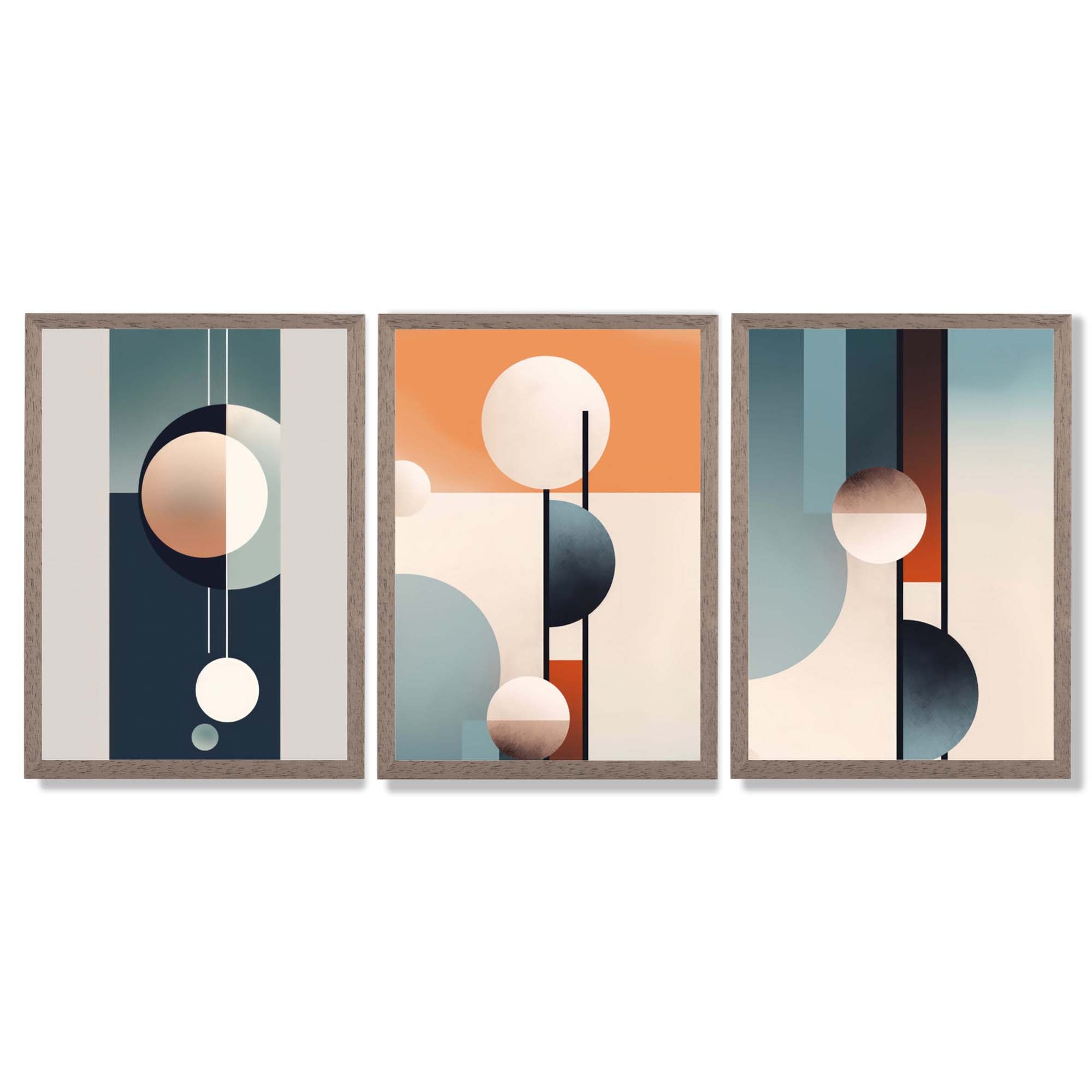 Neutral with Blue and Orange Geometric Set of 3 Framed Art Prints with Light Walnut Frames