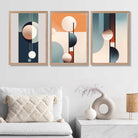 Neutral with Blue and Orange Geometric Set of 3 Art Prints in Oak Frames | Artze UK