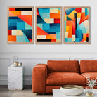 Set of 3 Abstract Colourful Geometric Shapes Art Prints in Oak Frames | Artze UK
