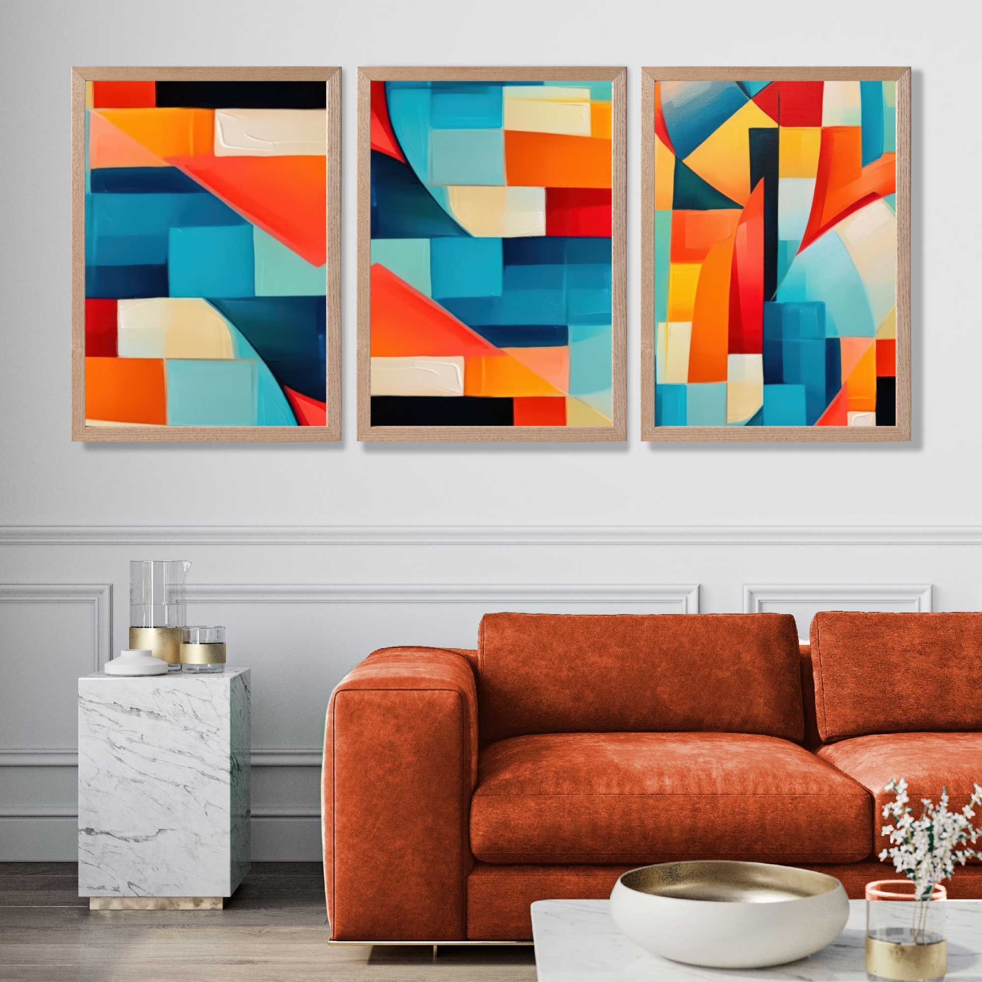 Set of 3 Abstract Colourful Geometric Shapes Art Prints in Oak Frames | Artze UK