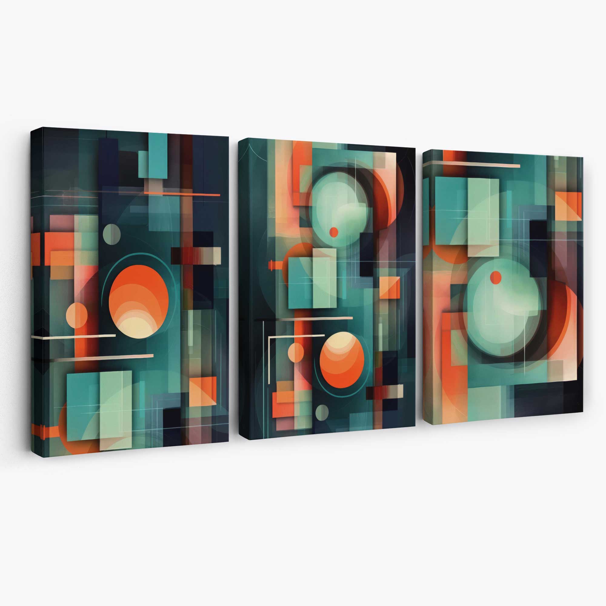 Abstract Cubism Green and Orange Set of 3 Canvas Art Prints | Artze Wall Art