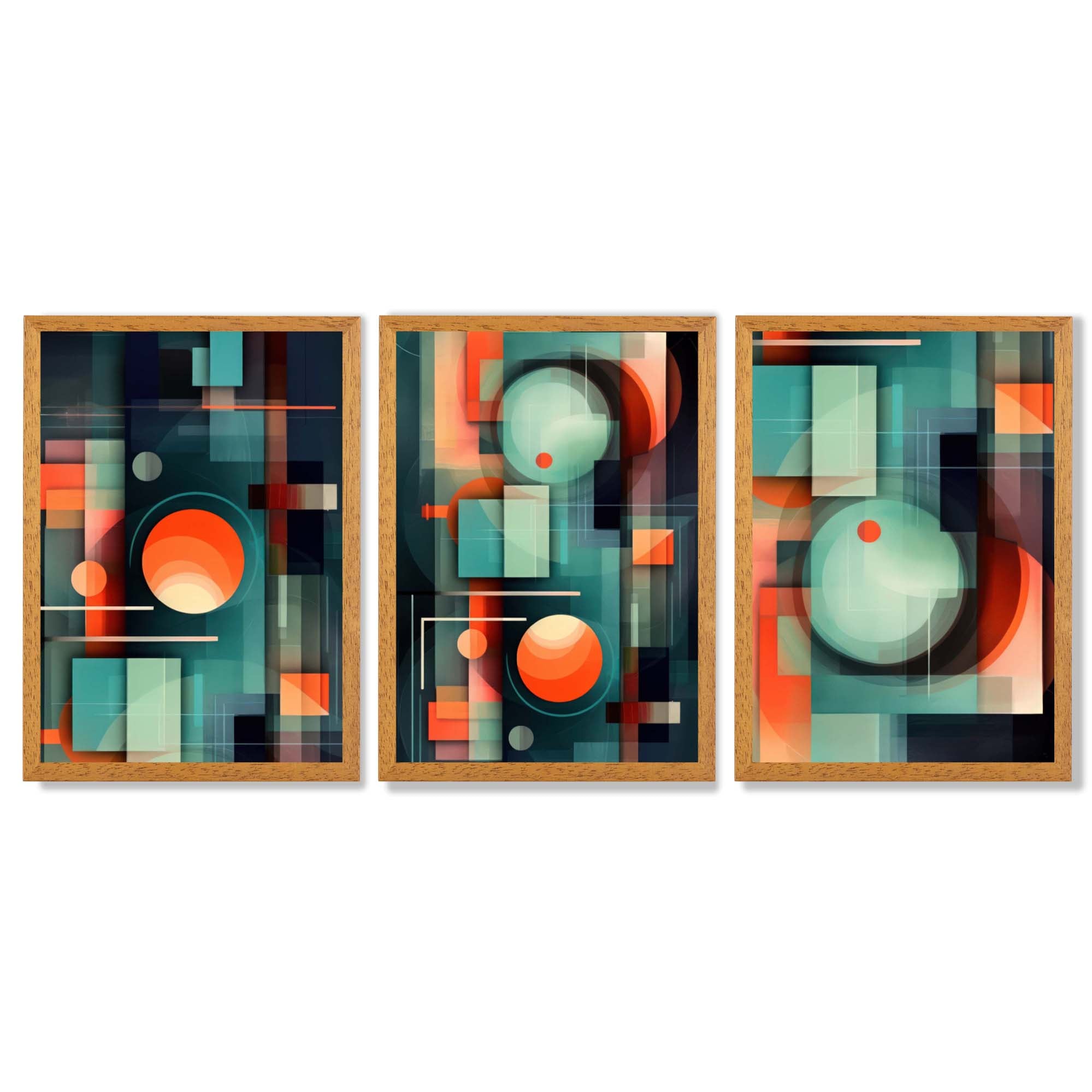 Abstract Cubism Green and Orange Set of 3 Framed Art Prints with Oak Wooden Frames
