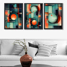 Abstract Cubism Green and Orange Set of 3 Art Prints in Black Frames | Artze UK