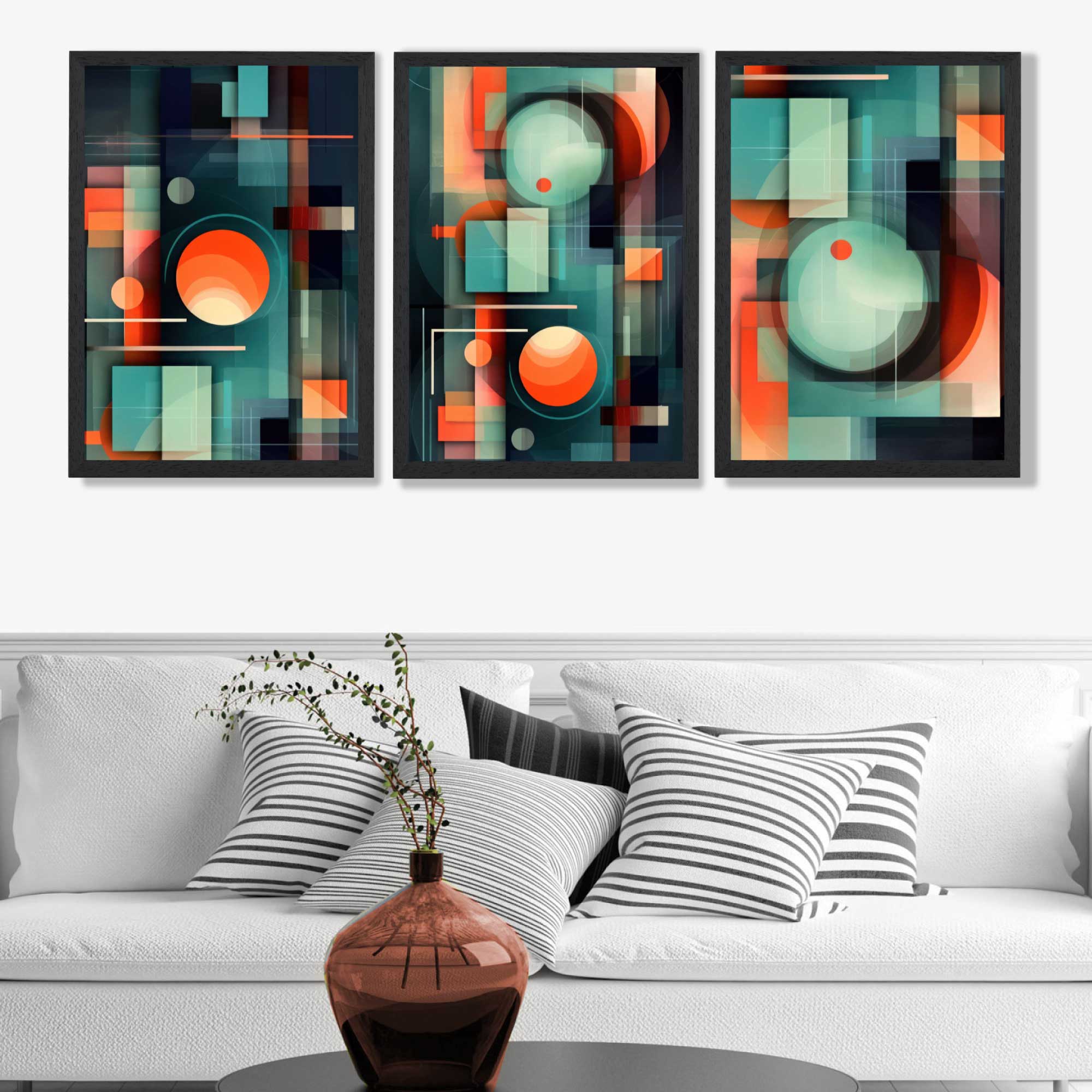 Abstract Cubism Green and Orange Set of 3 Art Prints in Black Frames | Artze UK