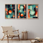 Abstract Cubism Green and Orange Set of 3 Art Prints in Oak Frames | Artze UK