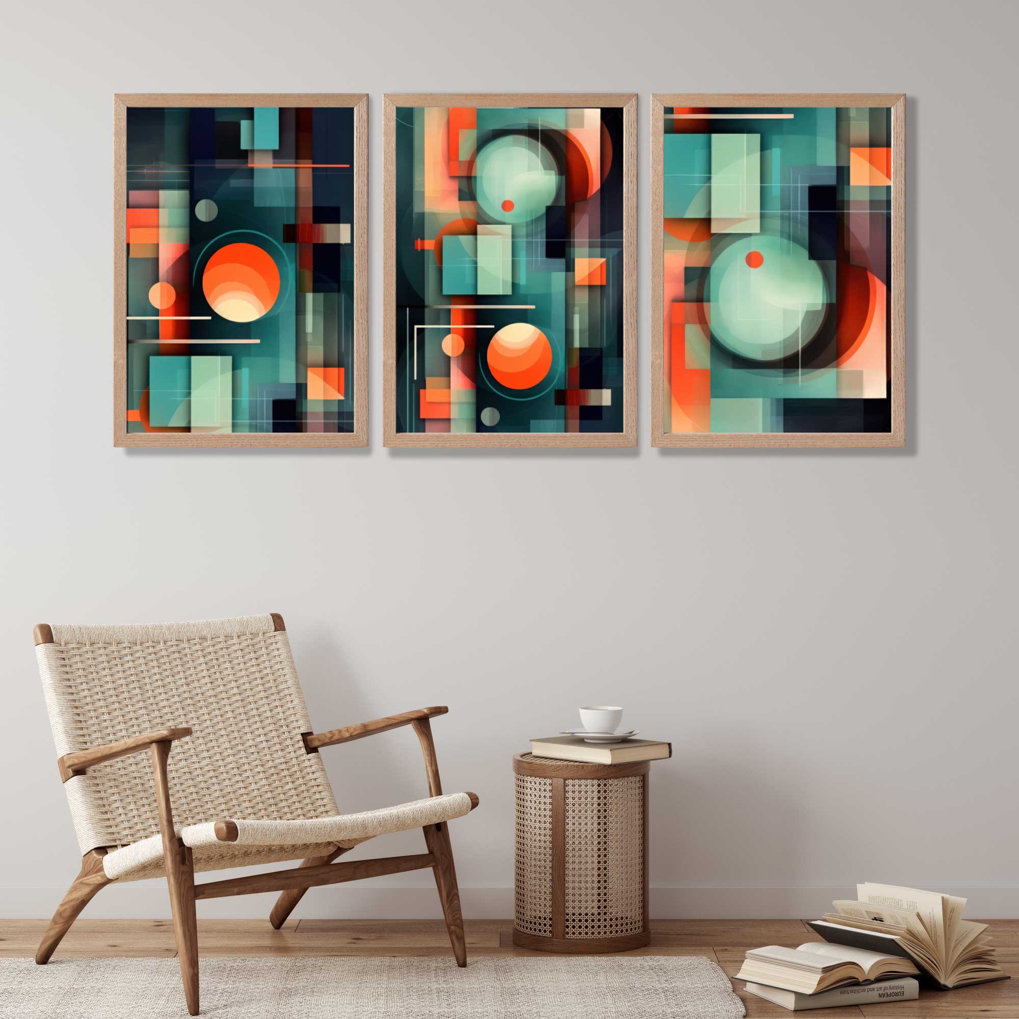 Abstract Cubism Green and Orange Set of 3 Art Prints in Oak Frames | Artze UK