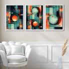 Abstract Cubism Green and Orange Set of 3 Art Prints in White Frames | Artze UK