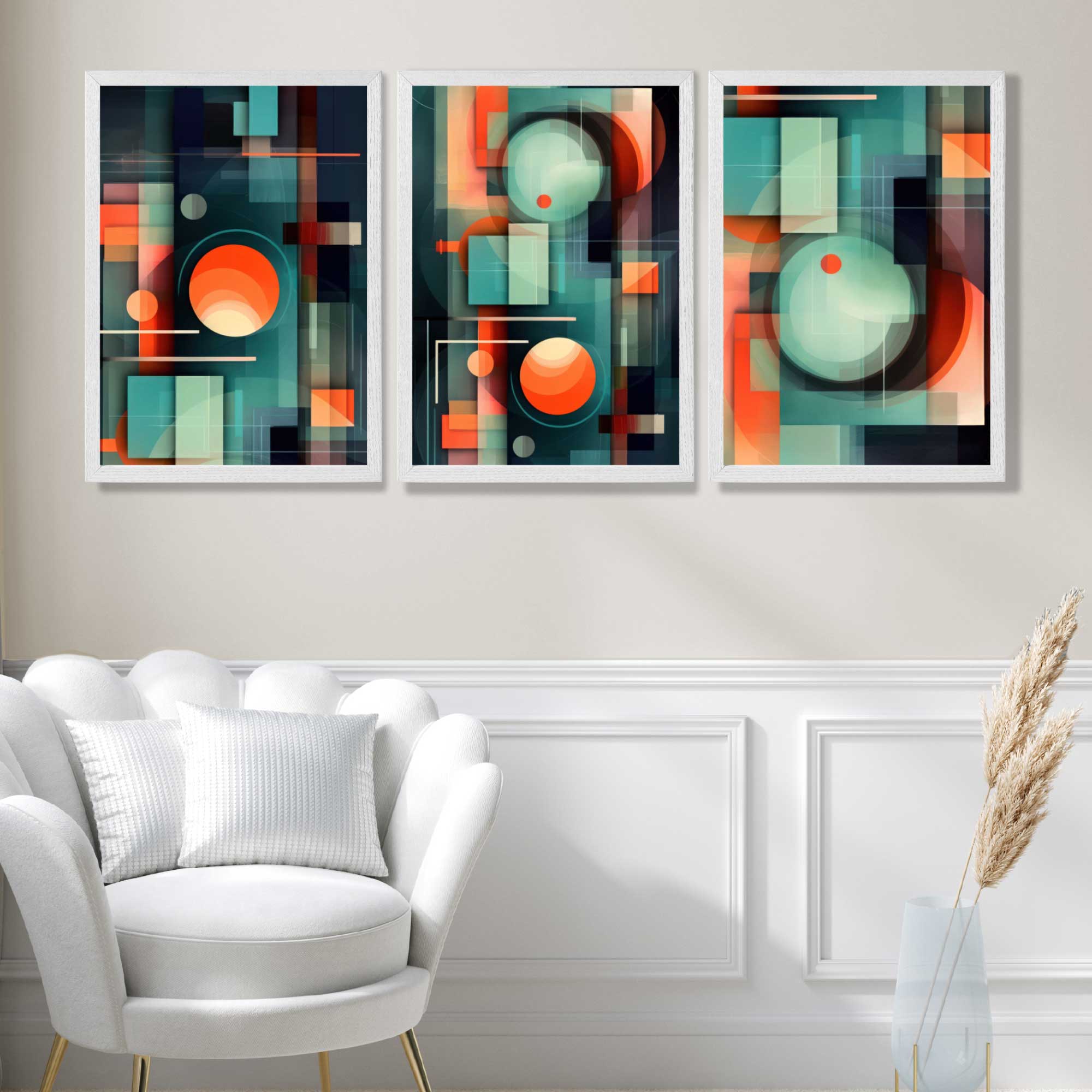 Abstract Cubism Green and Orange Set of 3 Art Prints in White Frames | Artze UK