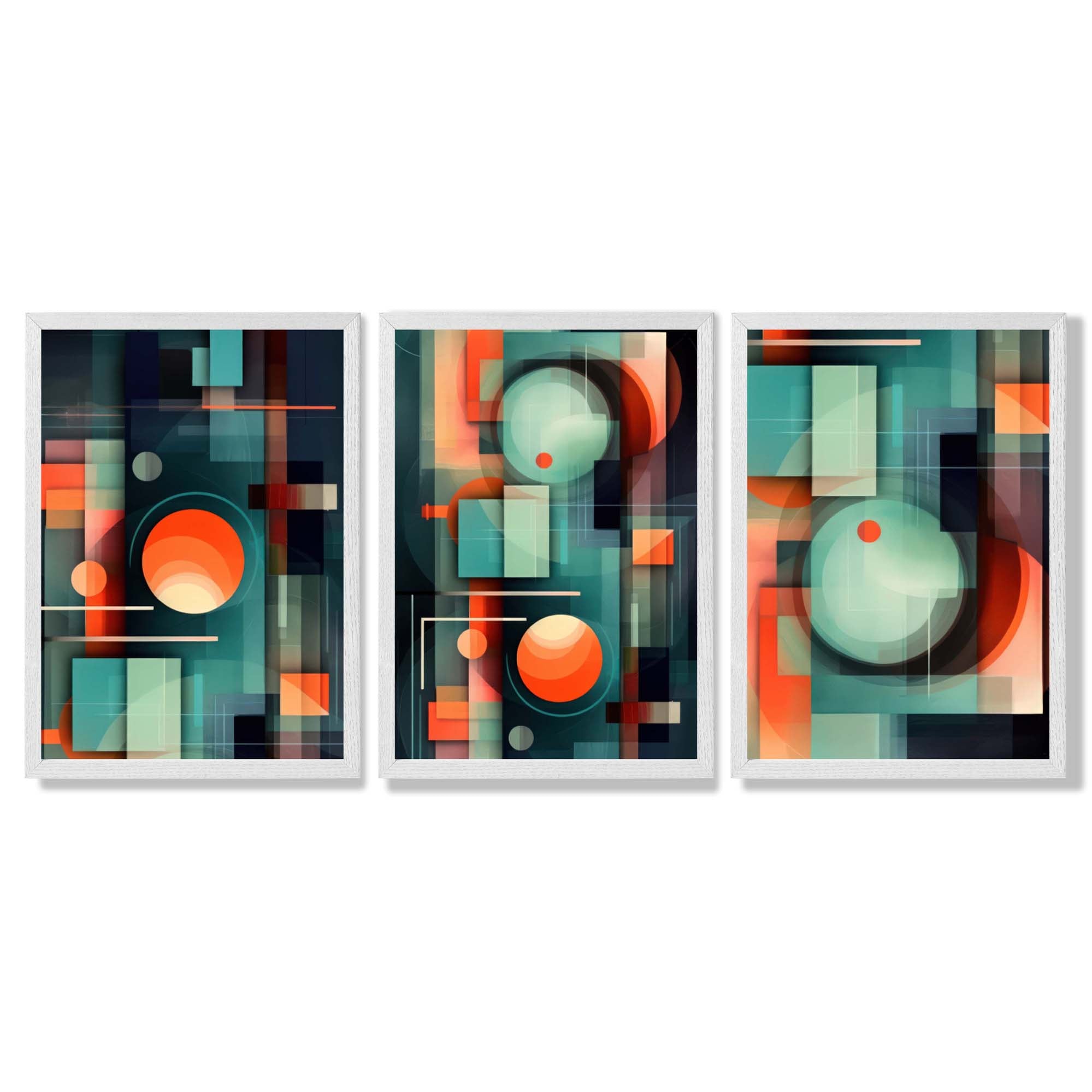 Abstract Cubism Green and Orange Set of 3 Framed Art Prints with White Wooden Frames