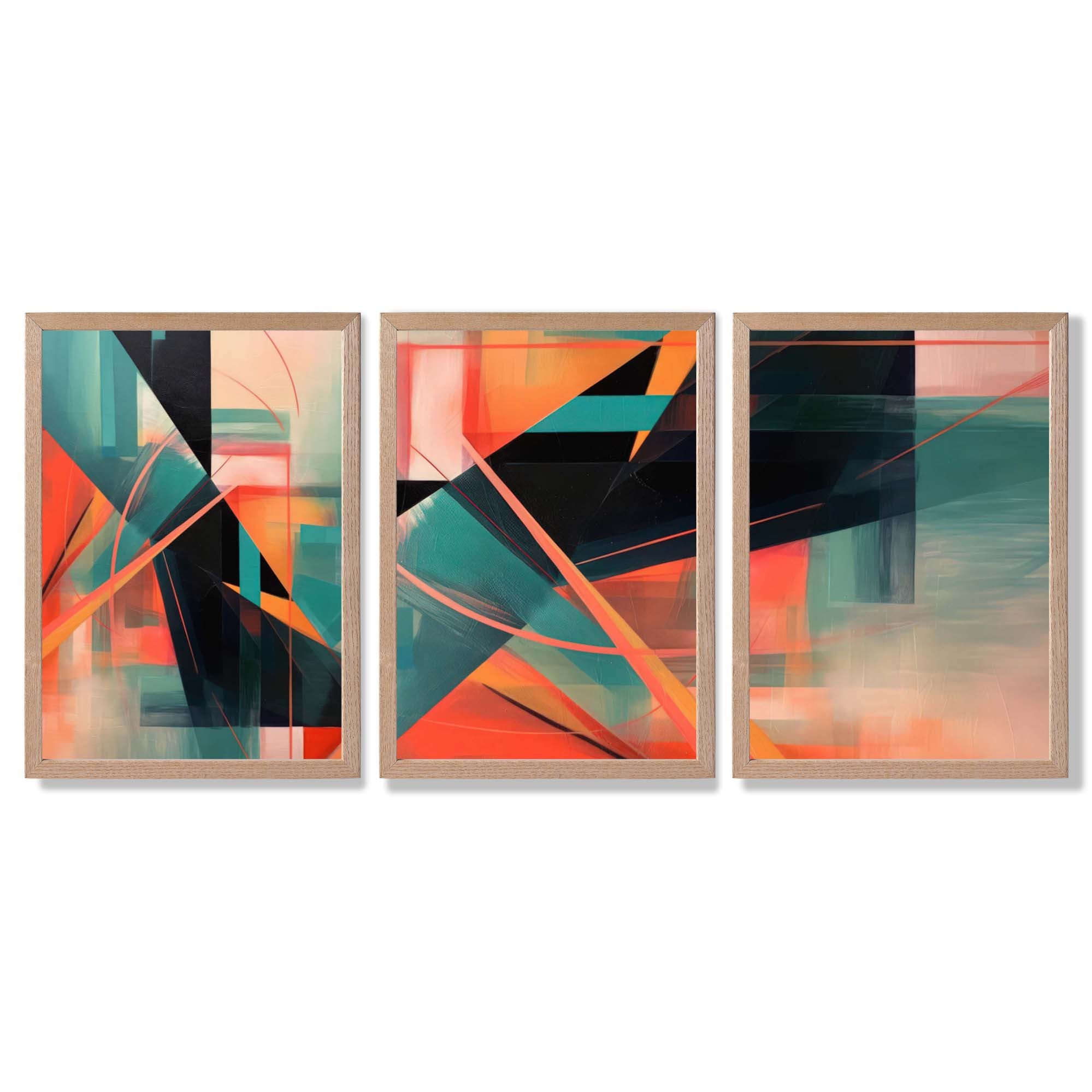 Abstract Geometric Teal and Orange Geometric Framed Art Prints with Light Oak Frames