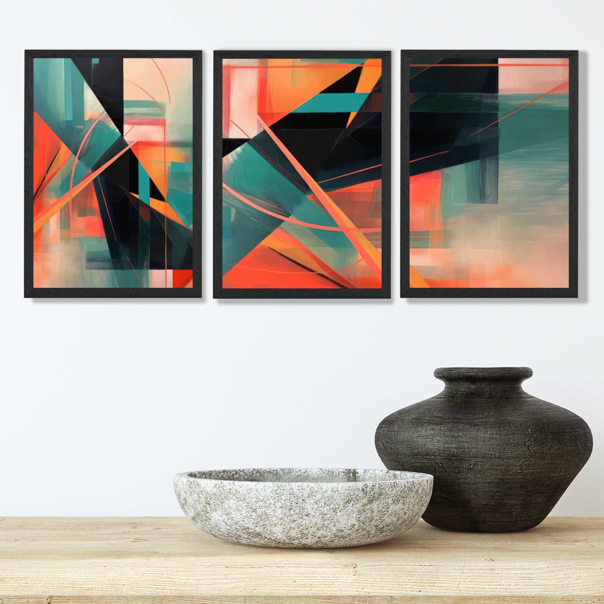 Abstract Geometric Teal and Orange Geometric Art Prints in Black Frames | Artze UK