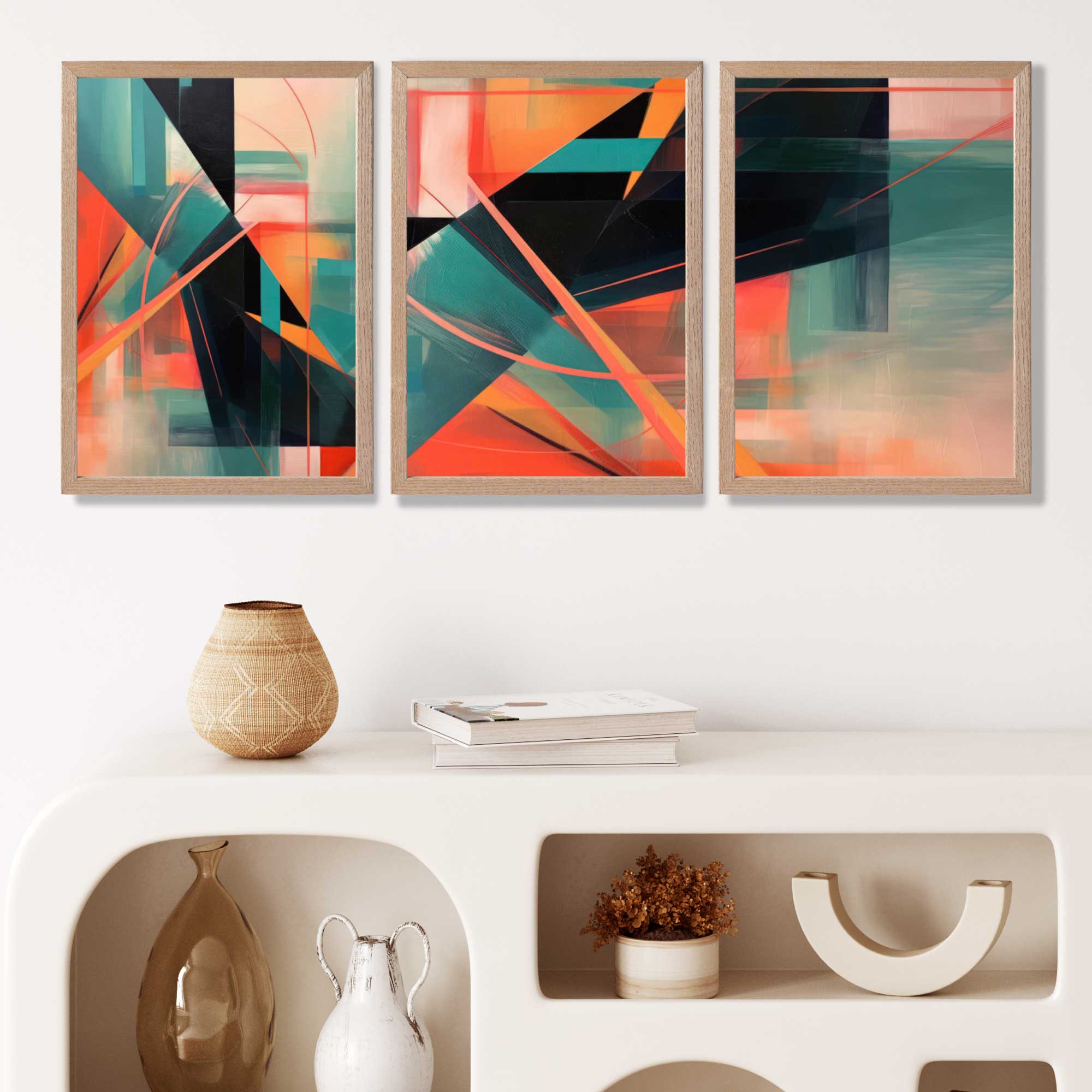Abstract Geometric Teal and Orange Geometric Art Prints in Oak Frames | Artze UK