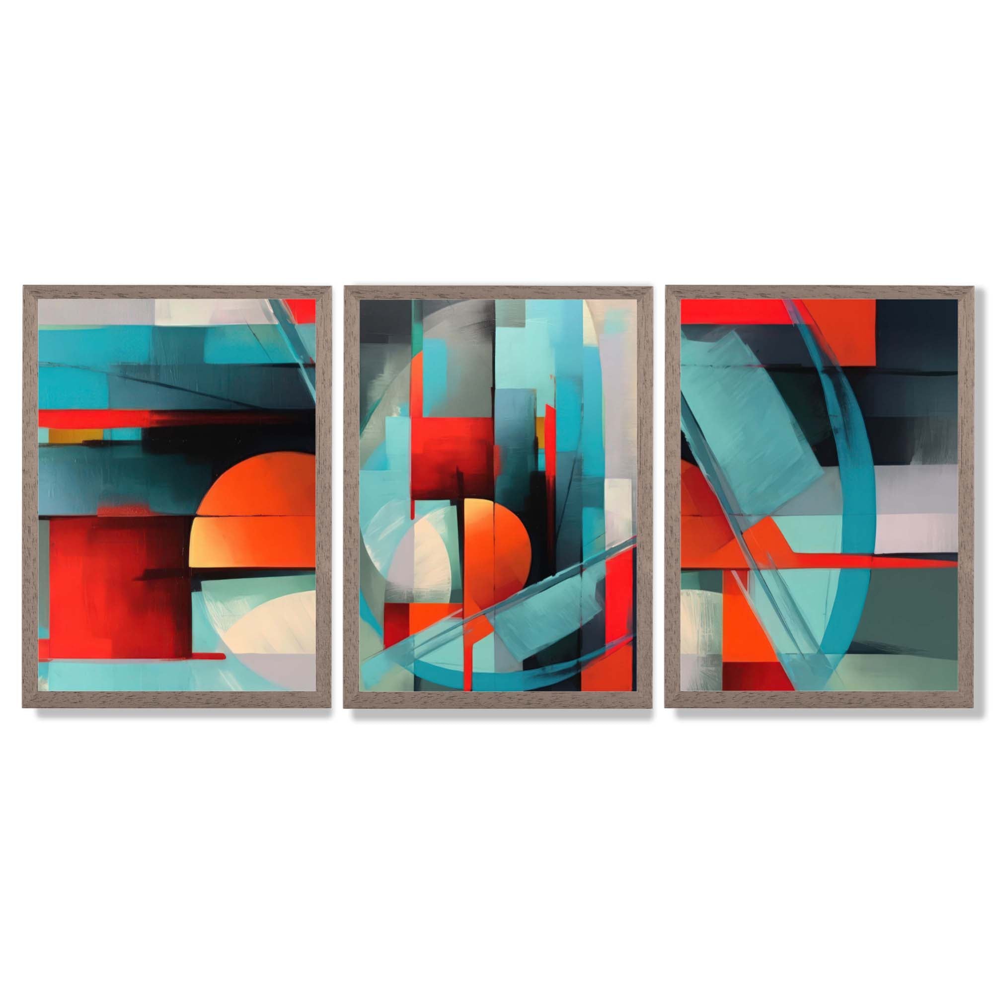 Abstract Modern Blue and Orange Geometric Framed Art Prints with Light Walnut Frames