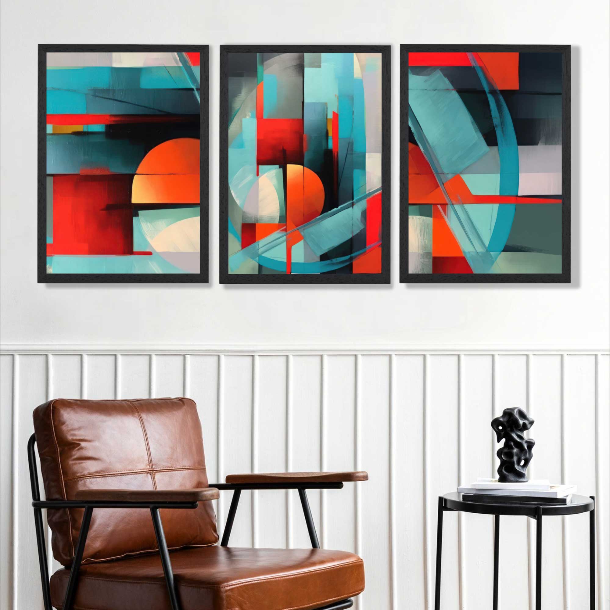 Abstract Modern Blue and Orange Geometric Art Prints in Black Frames | Artze UK