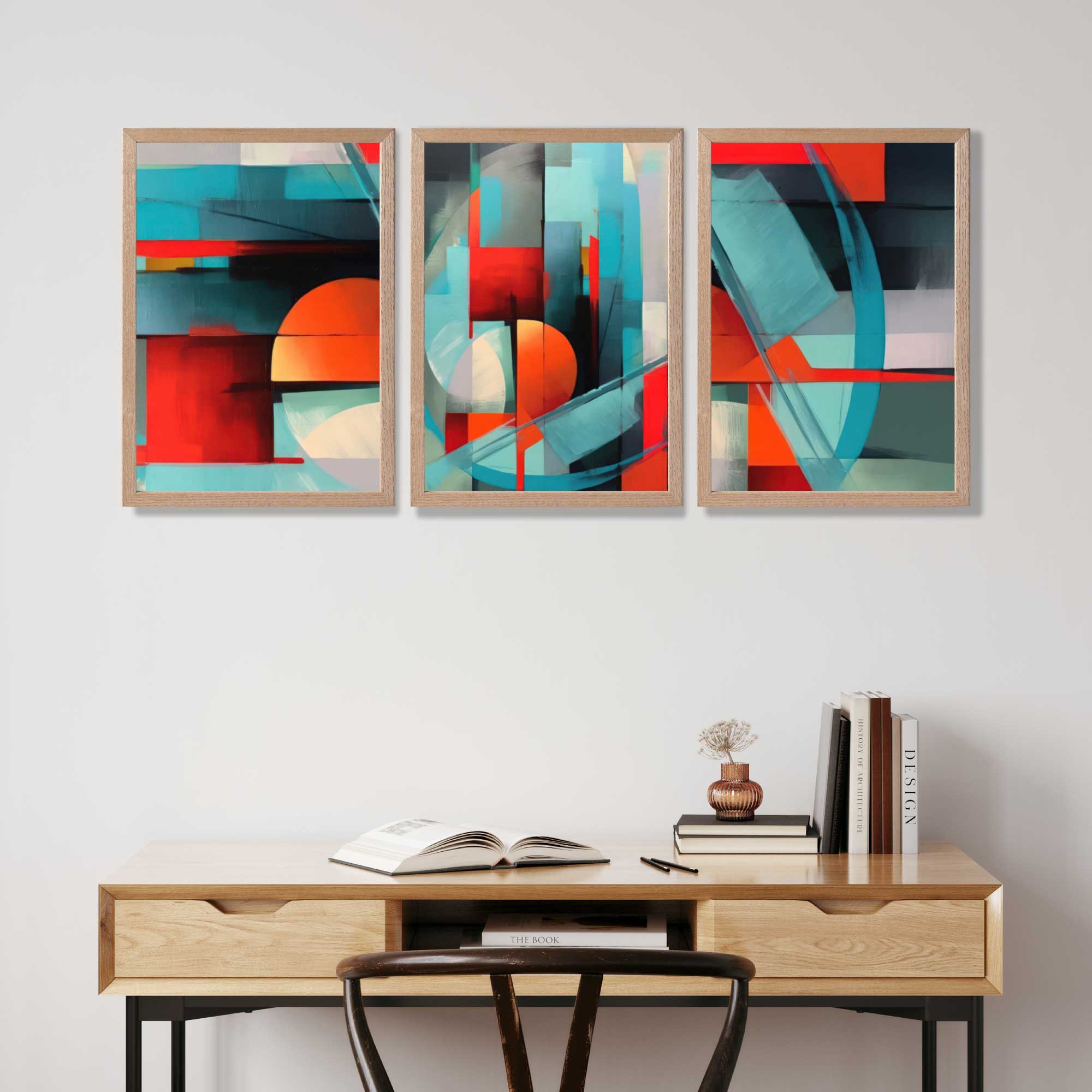 Abstract Modern Blue and Orange Geometric Art Prints in Oak Frames | Artze UK