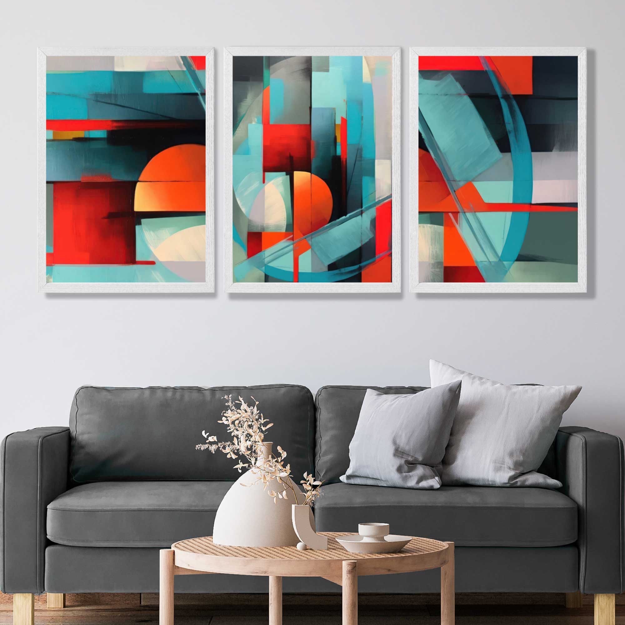Abstract Modern Blue and Orange Geometric Art Prints in White Frames | Artze UK