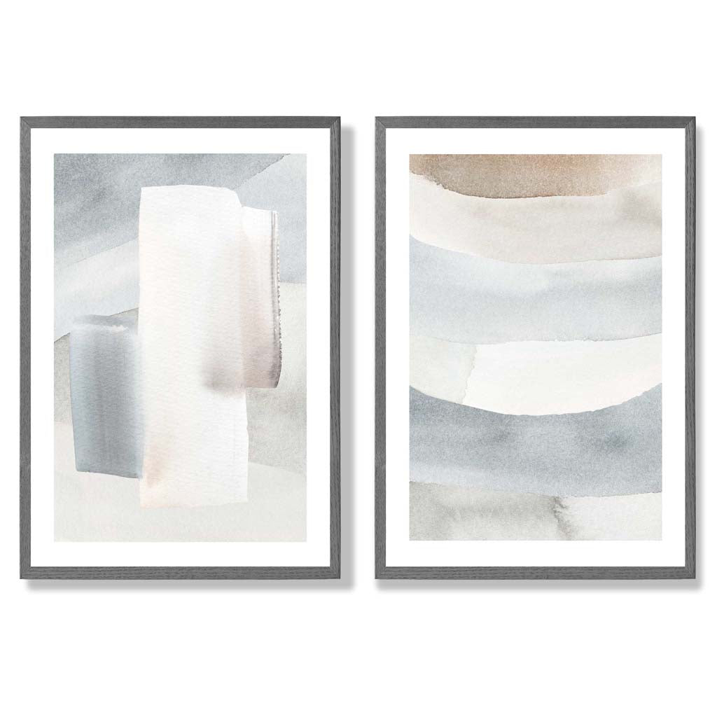Pastel Blue and Beige Watercolour Set of 2 Art Prints with Dark Grey Frame