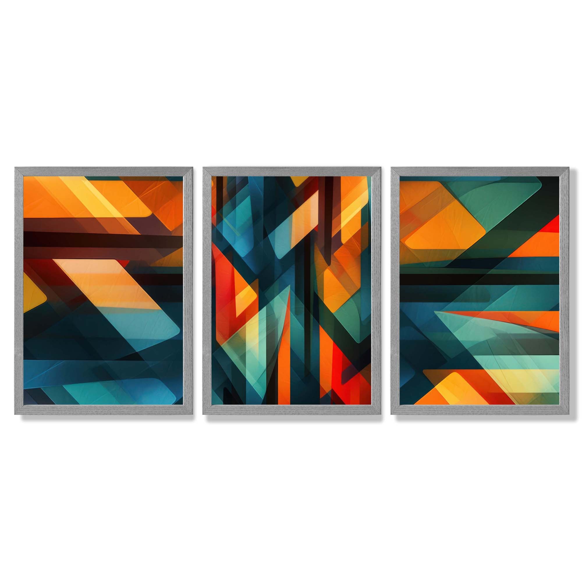 Abstract Modern Rainbow Geometric Set of 3 Framed Art Prints with Light Grey Wooden Frames