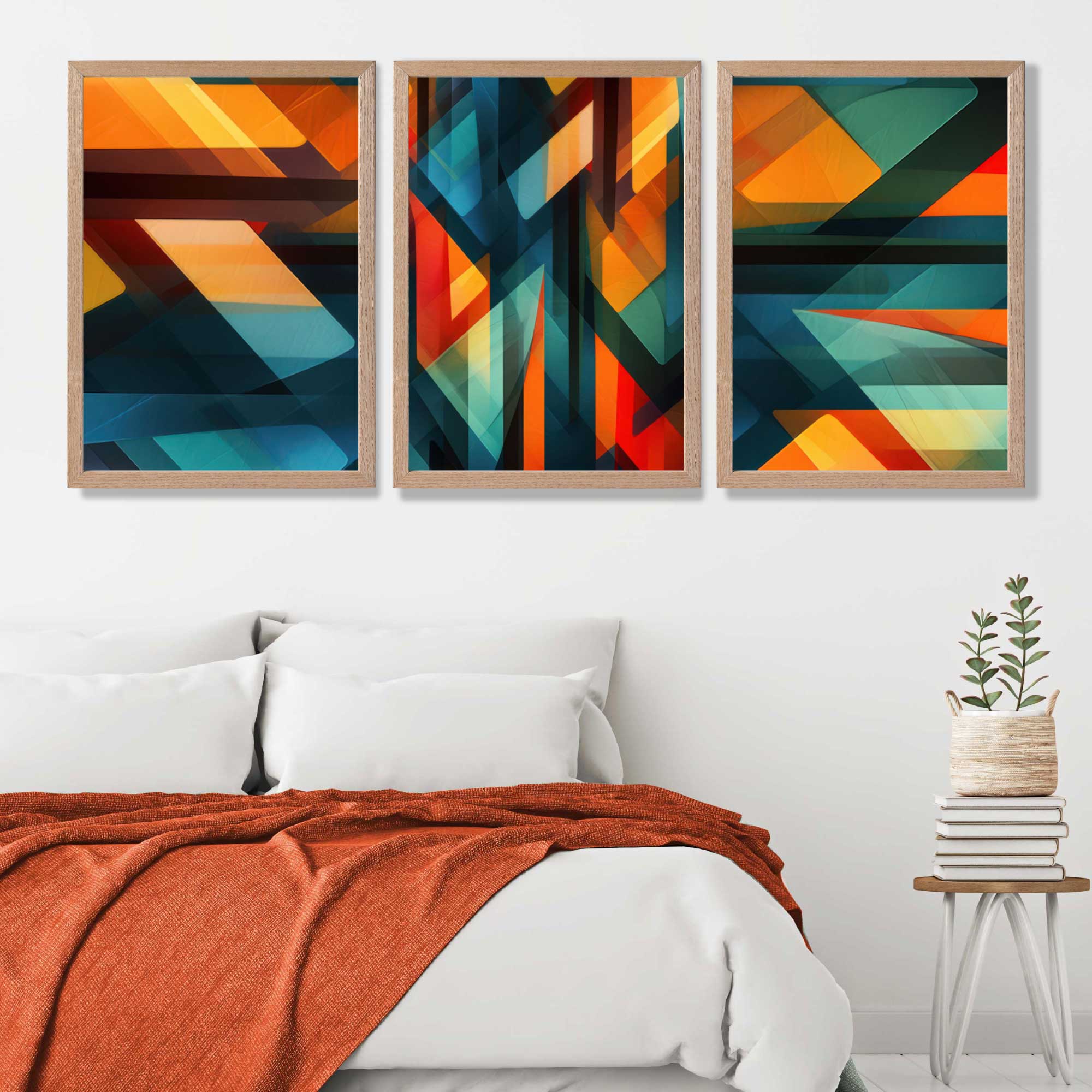 Abstract Modern Rainbow Geometric Set of 3 Art Prints in Oak Frames | Artze UK