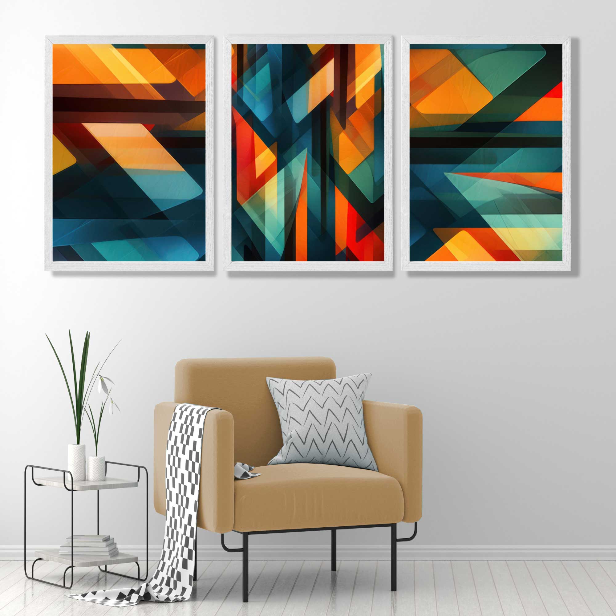 Abstract Modern Rainbow Geometric Set of 3 Art Prints in White Frames | Artze UK