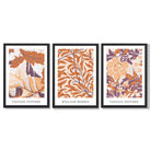 Set of 3 Orange and Purple Floral William Morris Framed Art Prints with Black Wooden Frames