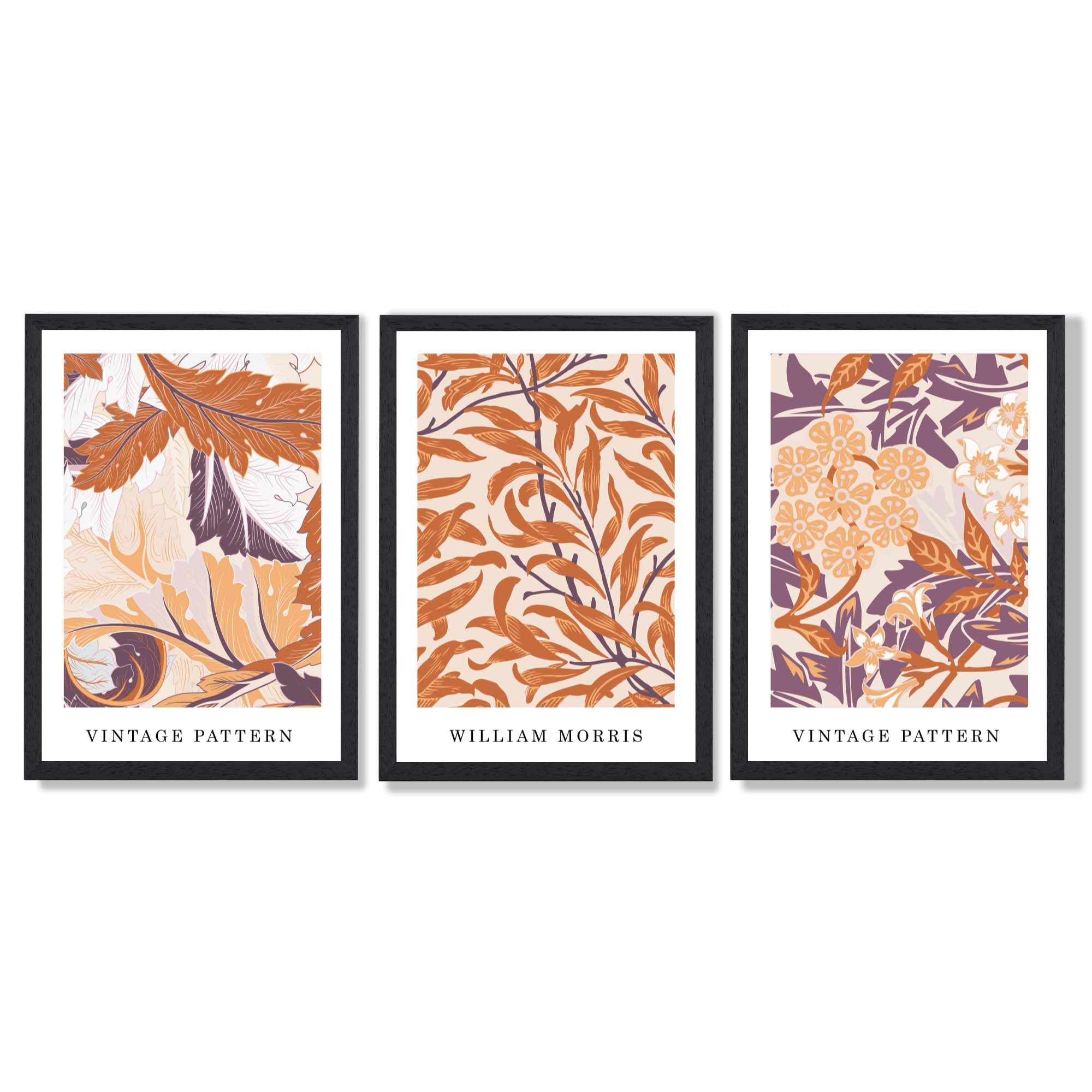 Set of 3 Orange and Purple Floral William Morris Framed Art Prints with Black Wooden Frames