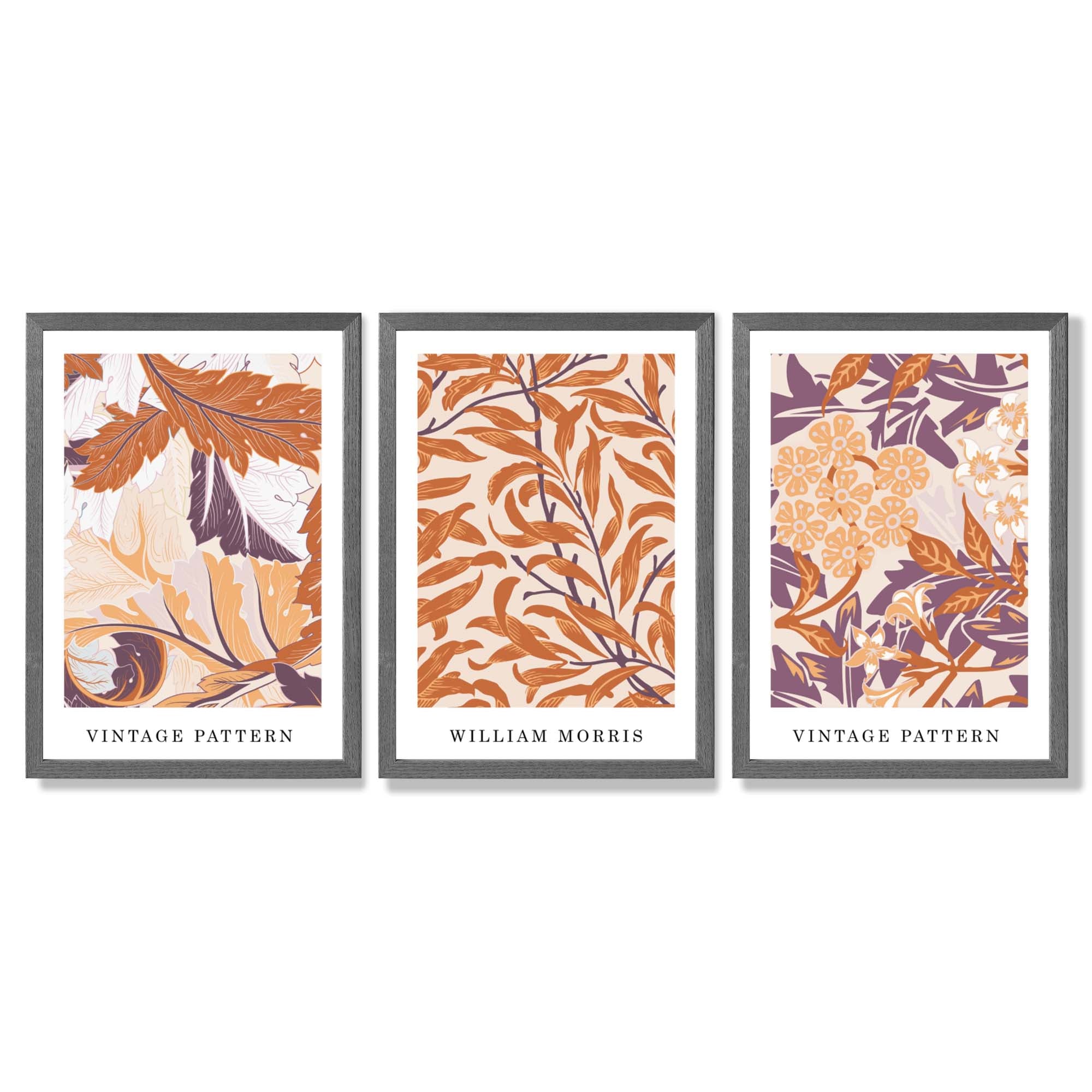 Set of 3 Orange and Purple Floral William Morris Framed Art Prints with Dark Grey Wooden Frames