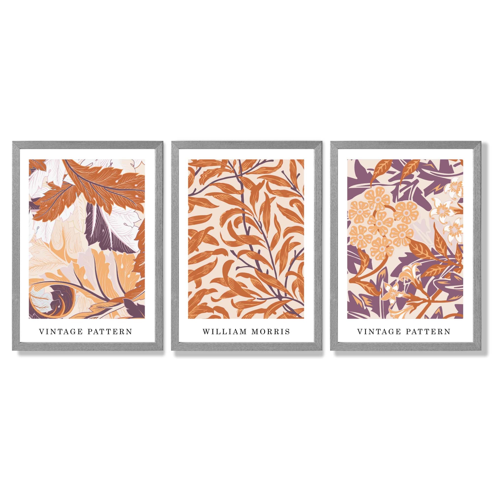 Set of 3 Orange and Purple Floral William Morris Framed Art Prints with Light Grey Wooden Frames