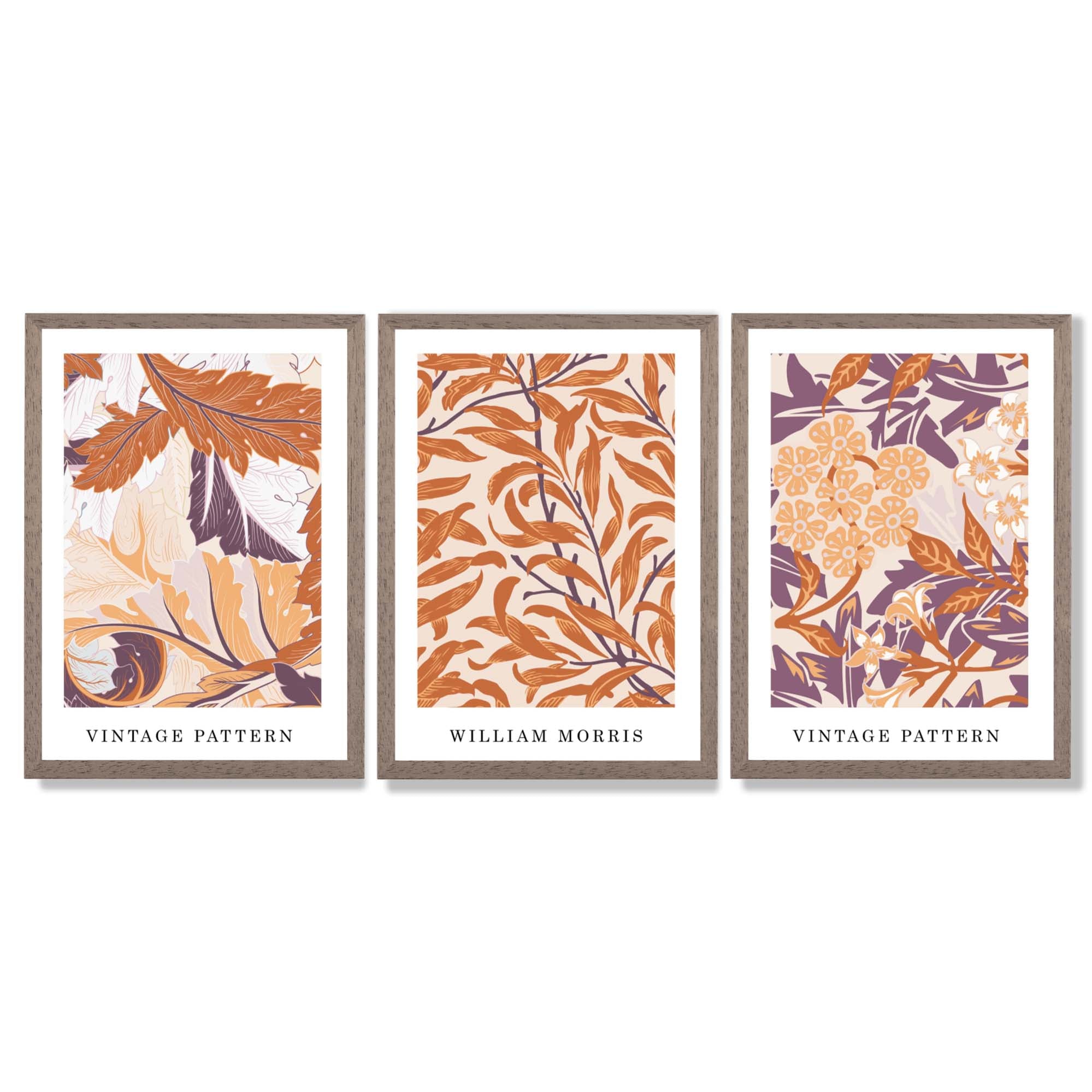 Set of 3 Orange and Purple Floral William Morris Framed Art Prints with Light Walnut Frames