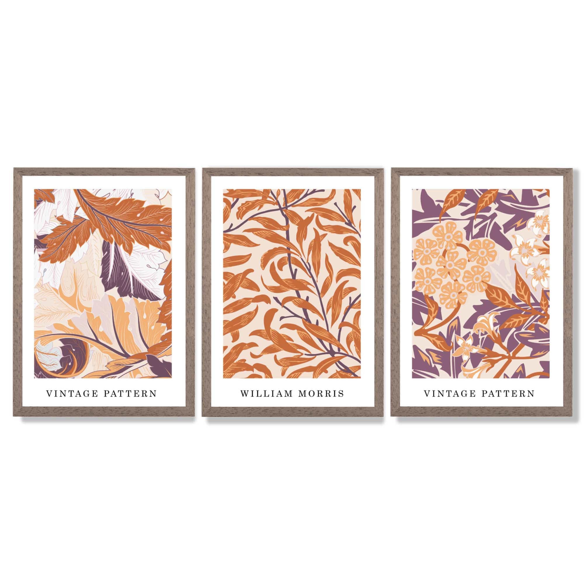 Set of 3 Orange and Purple Floral William Morris Framed Art Prints with Light Walnut Frames