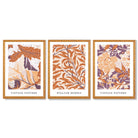 Set of 3 Orange and Purple Floral William Morris Framed Art Prints with Oak Wooden Frames