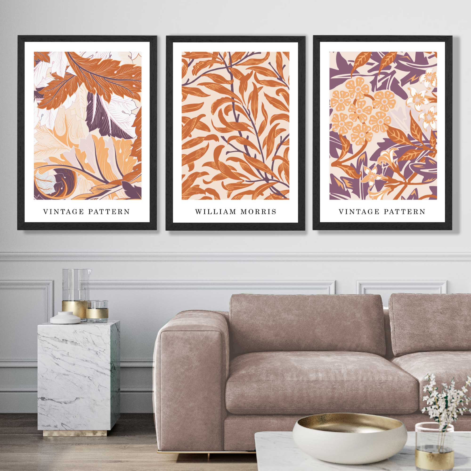 Set of 3 Orange and Purple Floral William Morris Art Prints in Black Frames | Artze UK