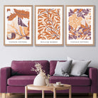 Set of 3 Orange and Purple Floral William Morris Art Prints in Oak Frames | Artze UK