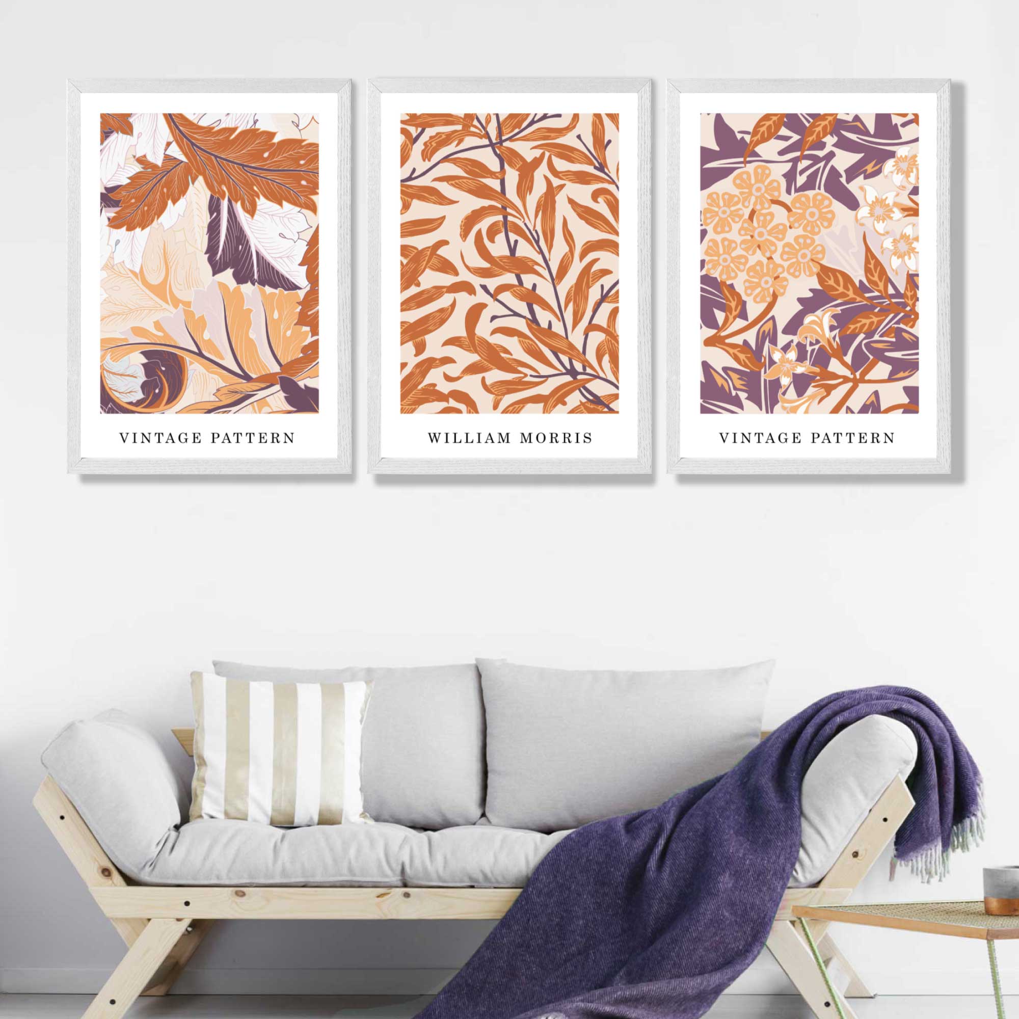 Set of 3 Orange and Purple Floral William Morris Art Prints in White Frames | Artze UK
