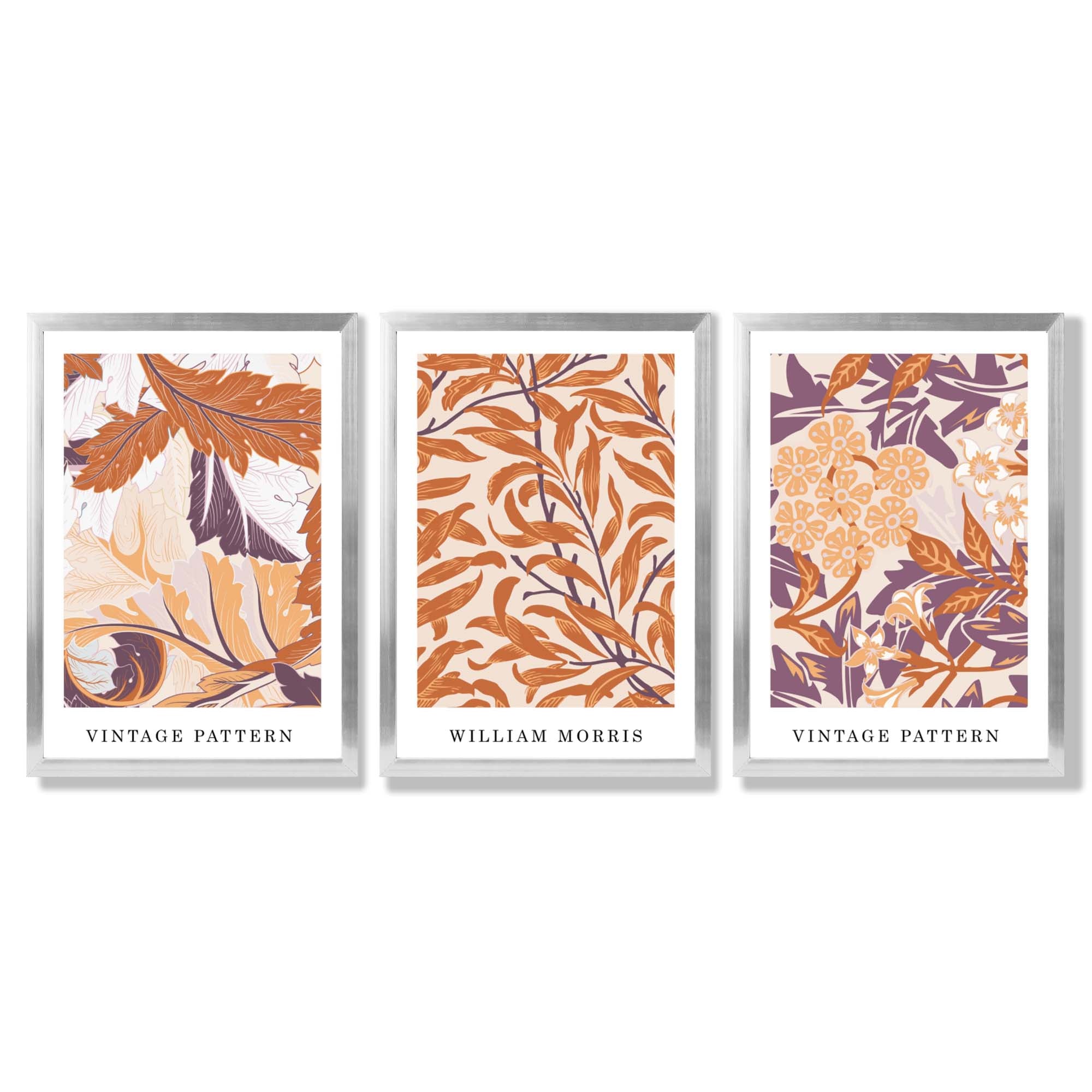 Set of 3 Orange and Purple Floral William Morris Framed Art Prints with Silver Wood Frames