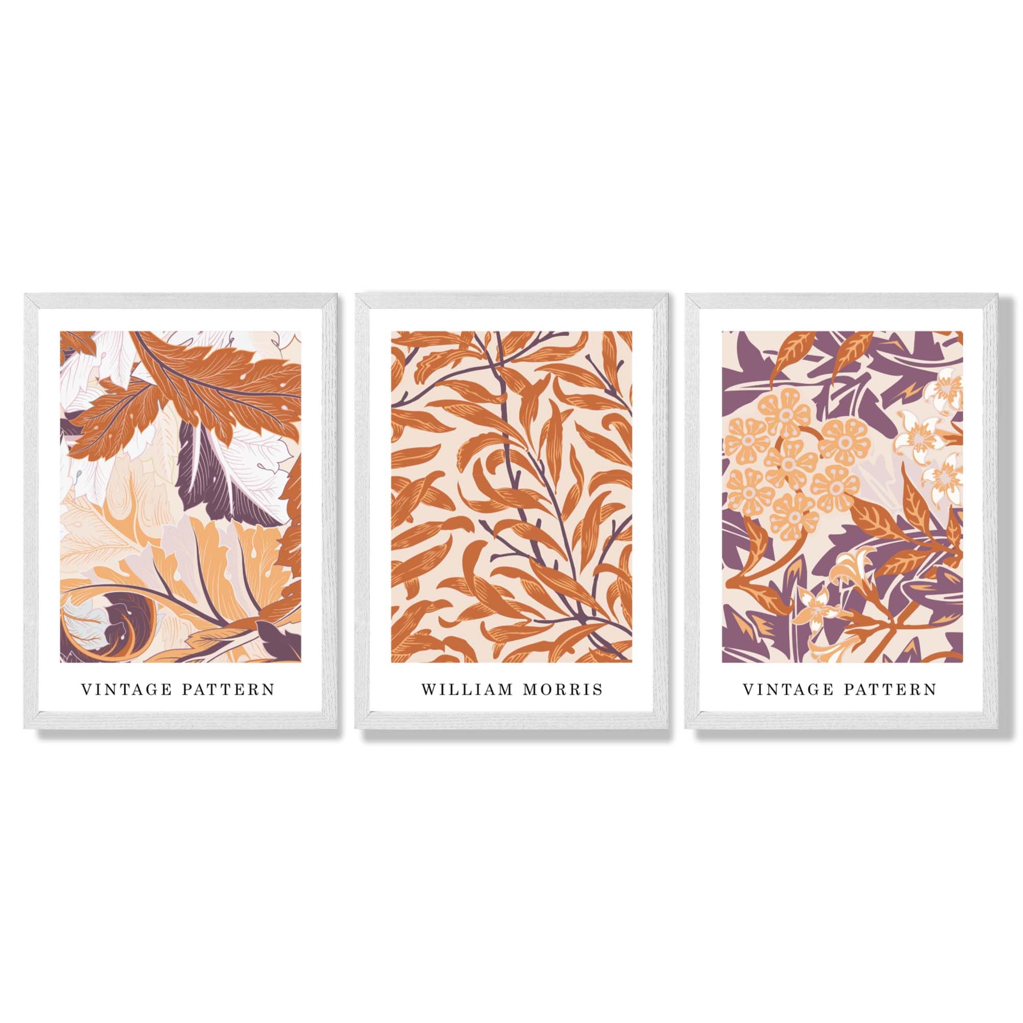 Set of 3 Orange and Purple Floral William Morris Framed Art Prints with White Wooden Frames