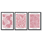 Set of 3 Raspberry Pink Floral William Morris Framed Art Prints with Black Wooden Frames