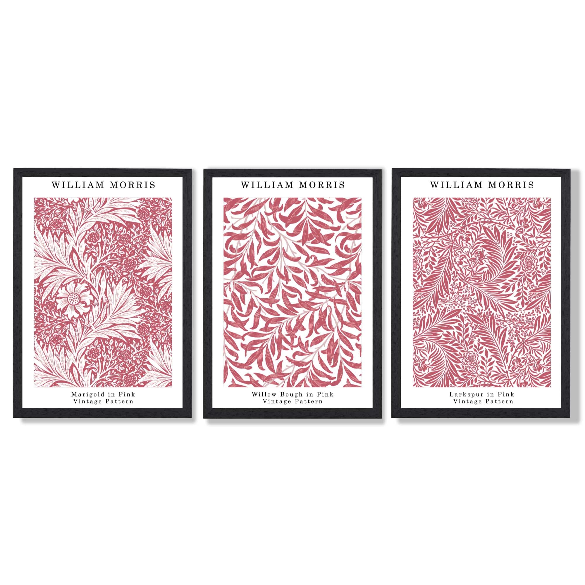Set of 3 Raspberry Pink Floral William Morris Framed Art Prints with Black Wooden Frames