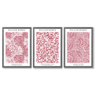Set of 3 Raspberry Pink Floral William Morris Framed Art Prints with Dark Grey Wooden Frames