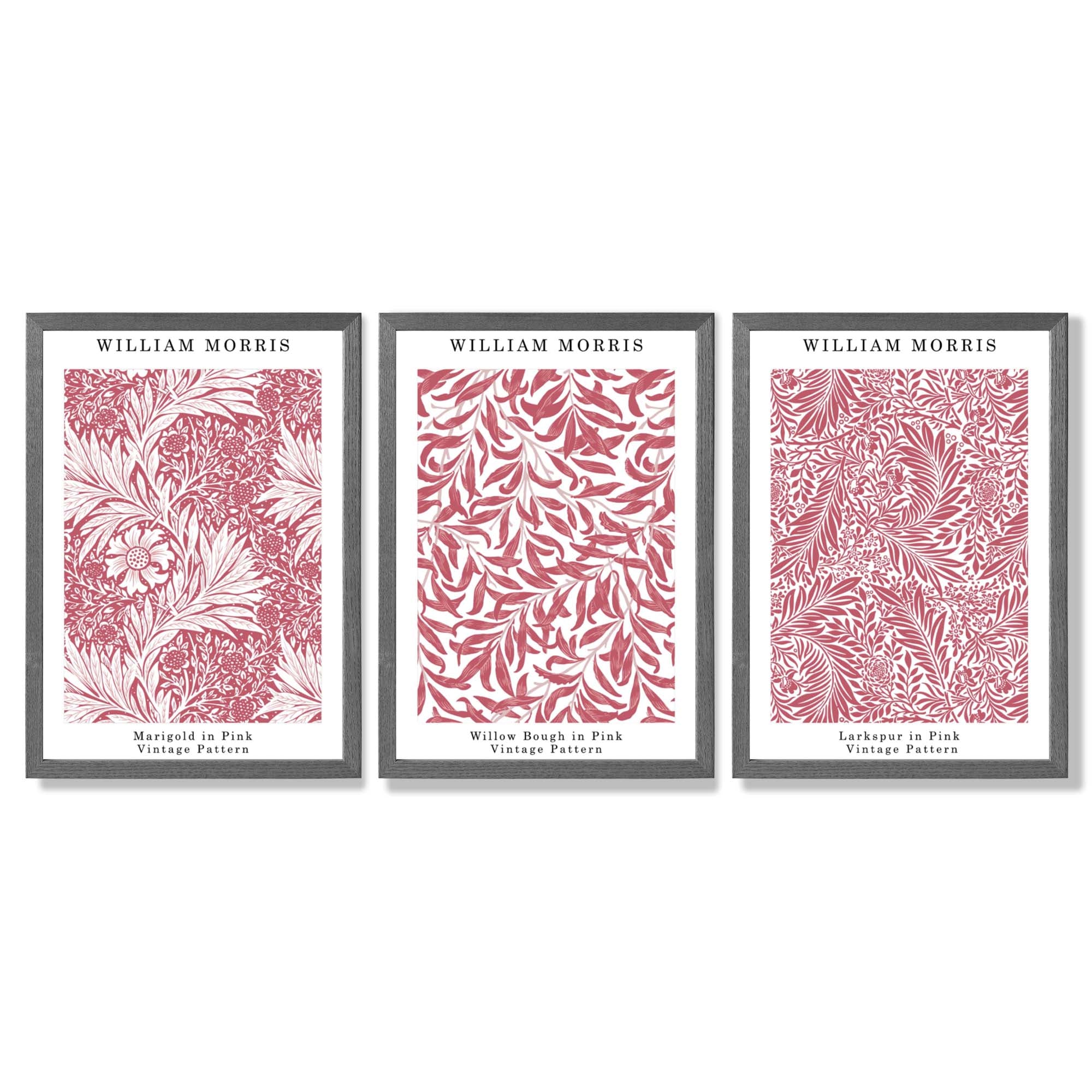 Set of 3 Raspberry Pink Floral William Morris Framed Art Prints with Dark Grey Wooden Frames