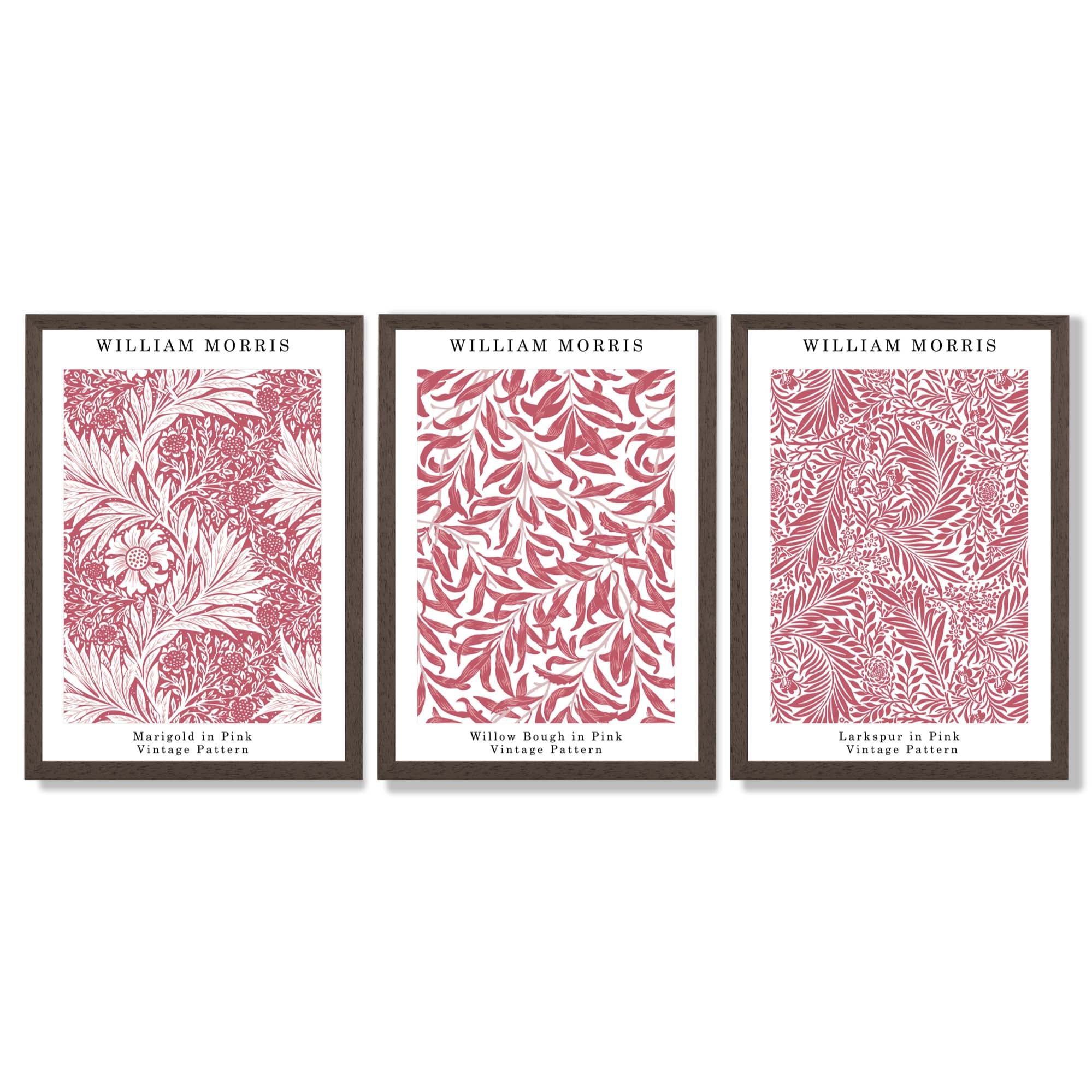 Set of 3 Raspberry Pink Floral William Morris Framed Art Prints with Dark Wood Frames