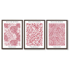 Set of 3 Raspberry Pink Floral William Morris Framed Art Prints with Dark Wood Frames