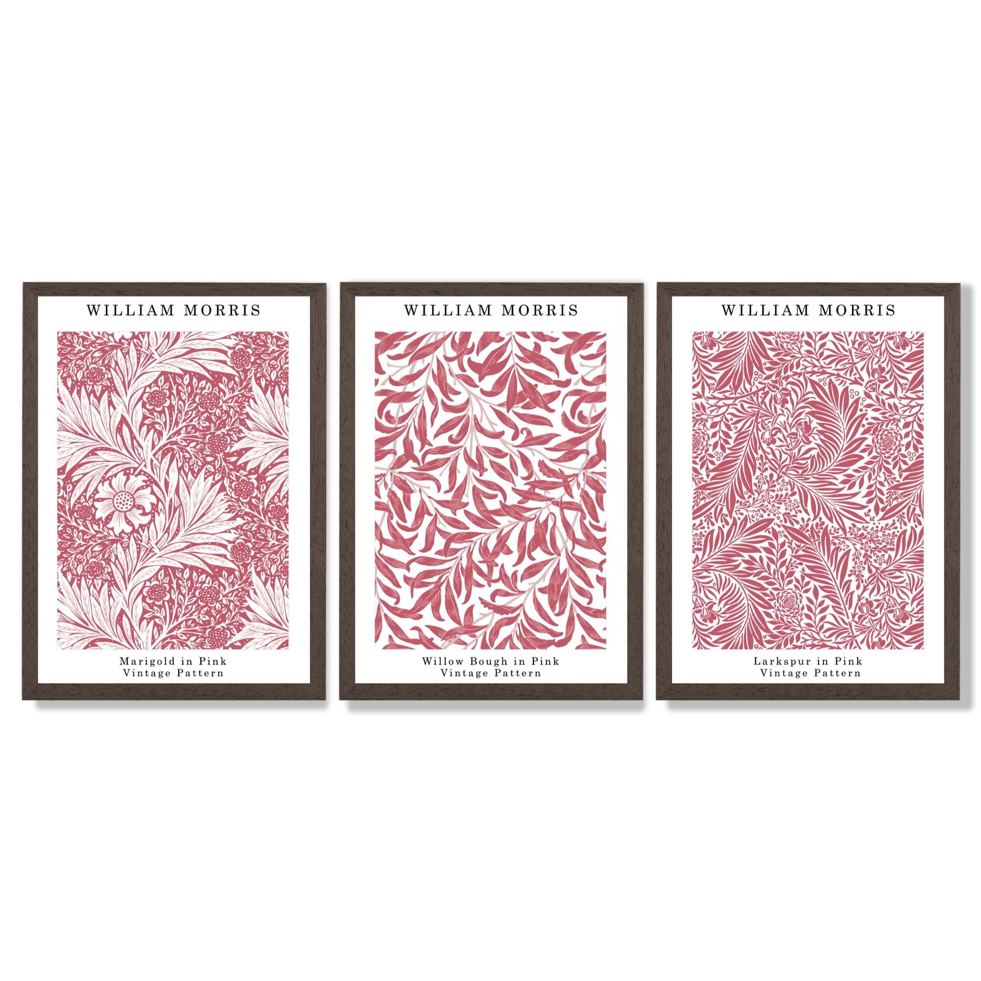 Set of 3 Raspberry Pink Floral William Morris Framed Art Prints with Dark Wood Frames