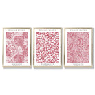 Set of 3 Raspberry Pink Floral William Morris Framed Art Prints with Gold Wood Frames